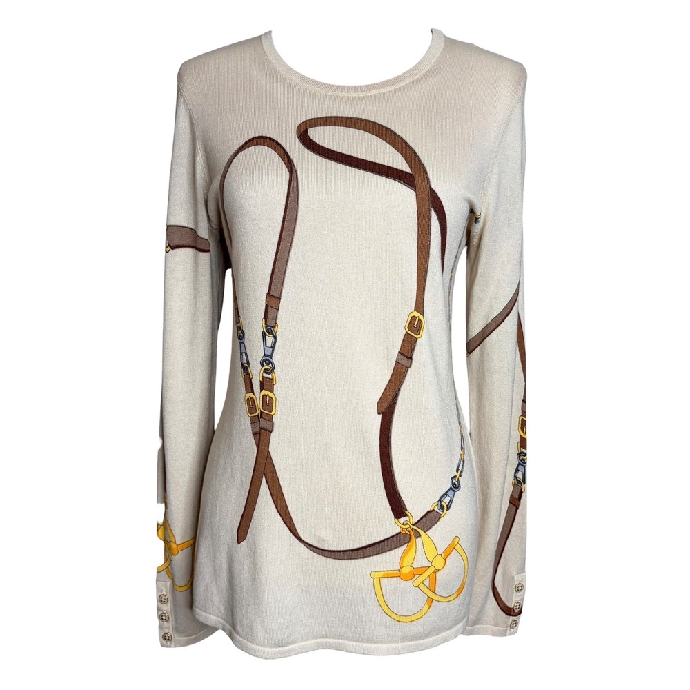 J.McLaughlin Lenny Sweater M Beige Equestrian Print Crew Neck Cotton Blend NWT - Picture 3 of 10